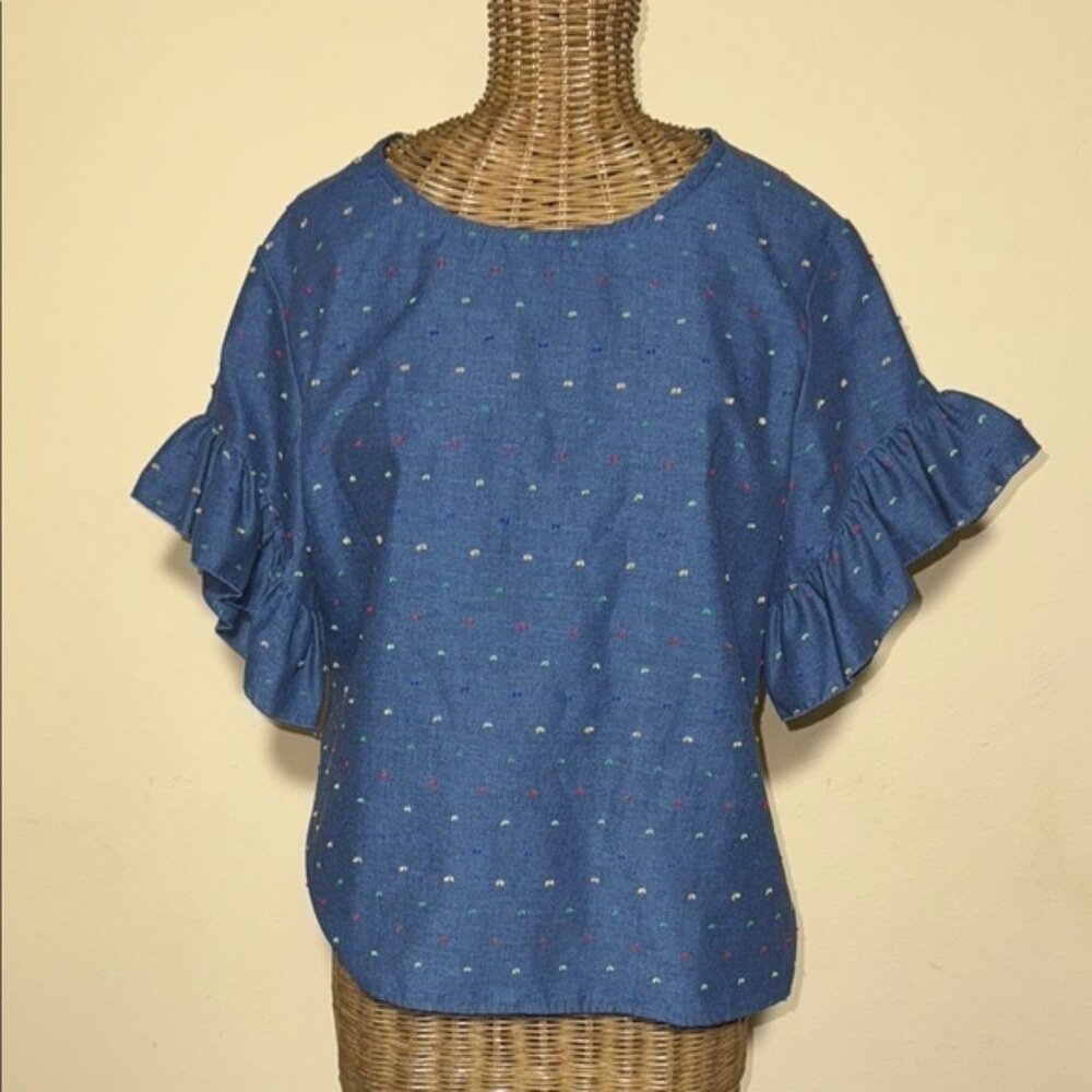 Drew Blue Ruffle Sleeve Top Embroidered M